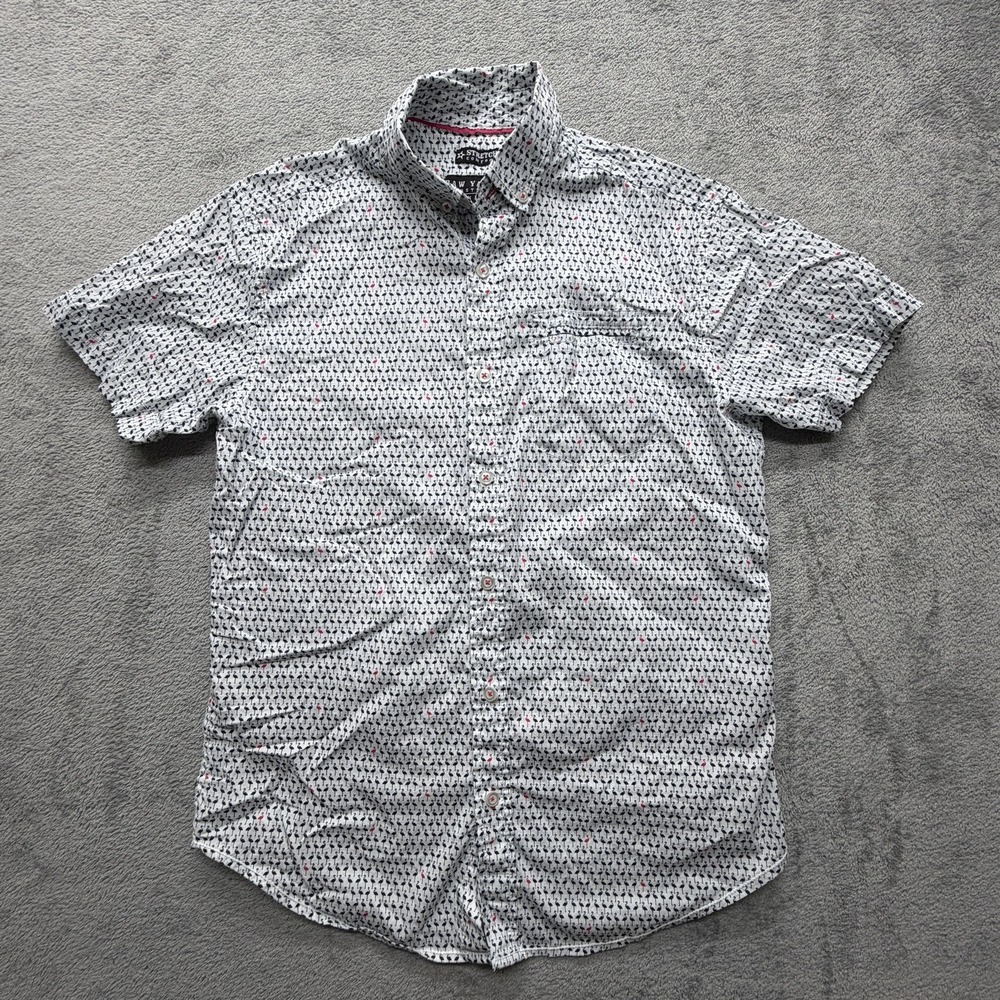 Raw Yarn Industries Shirt Mens Medium White Flamingo Print Stretch Button Up‎